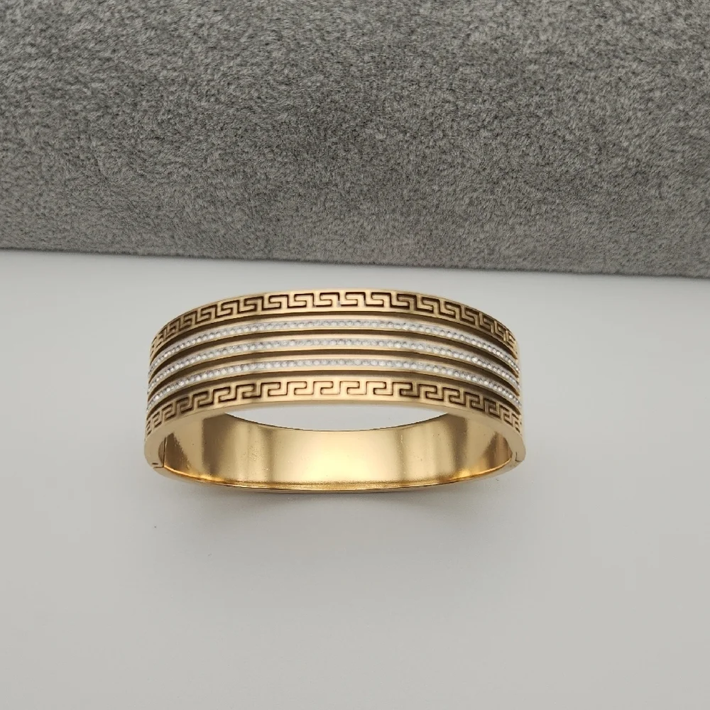 Elegant Gold-Tone Greek Key Bangle Bracelet with Crystal Accents - Picture 6 of 7